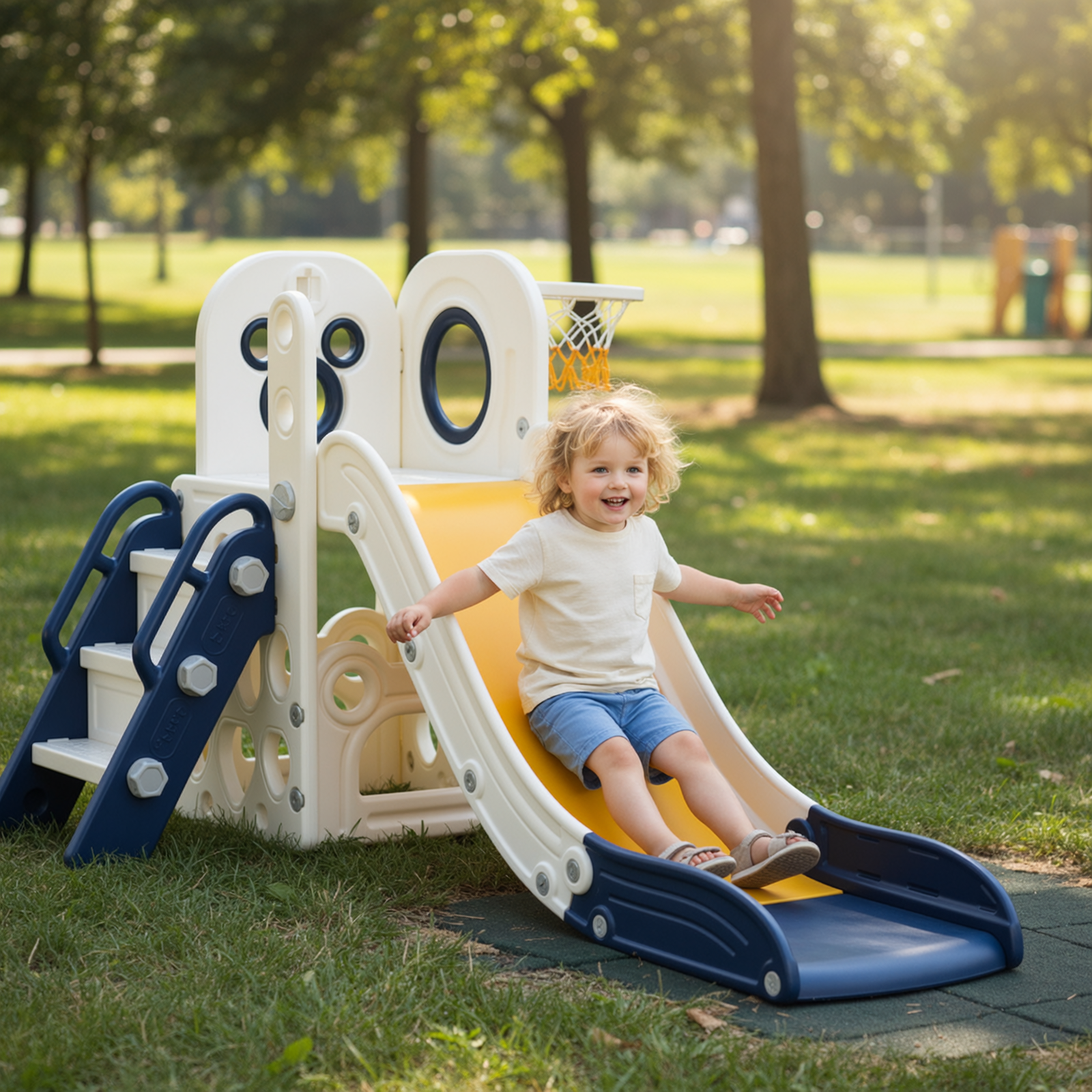 TLSUNNY Toddler Slide Playset, Stair Slides for Kids with Basketball Hoop, Non-Slip Steps & Storage Space, for Backyard, Nursey, Playgroud