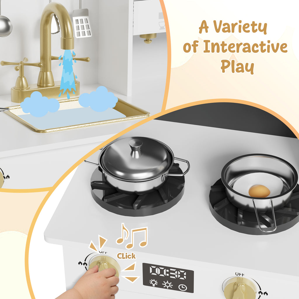 TLSUNNY Kids Play Kitchen, Wooden Pretend Cooking Play Toy Set with Cookware Accessories, Sink, Microwave and Realistic Light & Sounds, Gifts for Age 3+