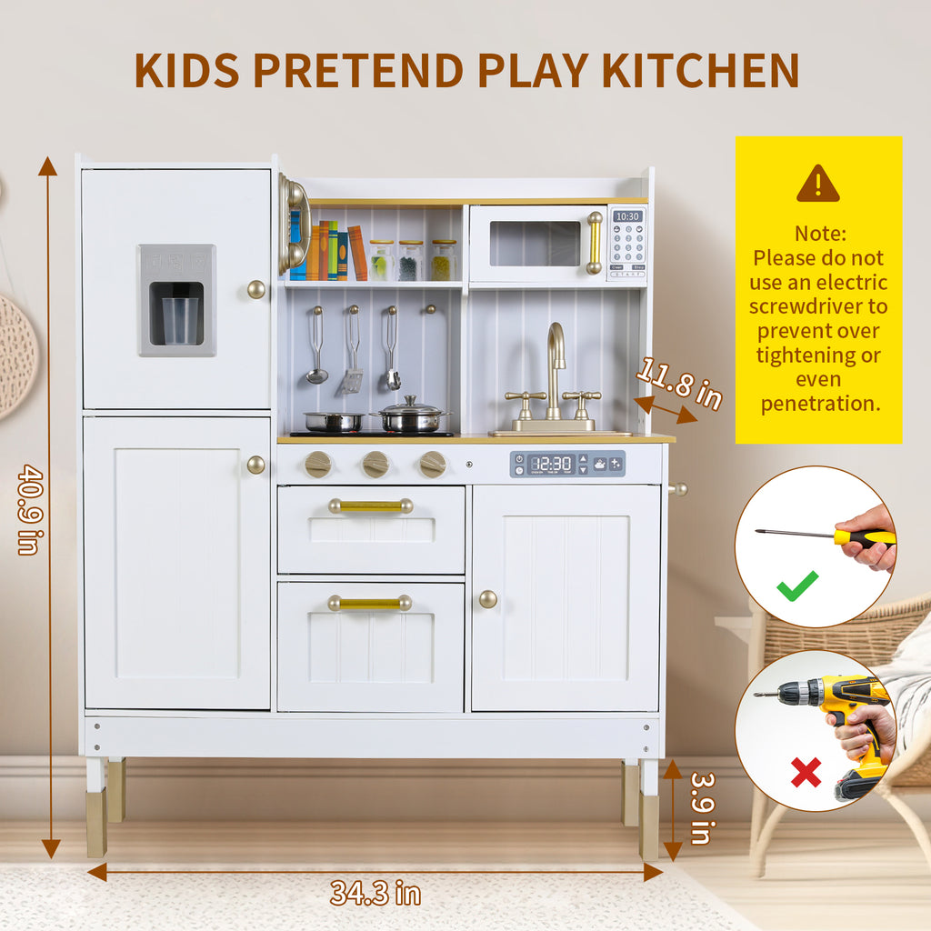 TLSUNNY Kids Play Kitchen, Wooden Kitchen Playset w/ Realistic Light & Sound and Cooking Accessories