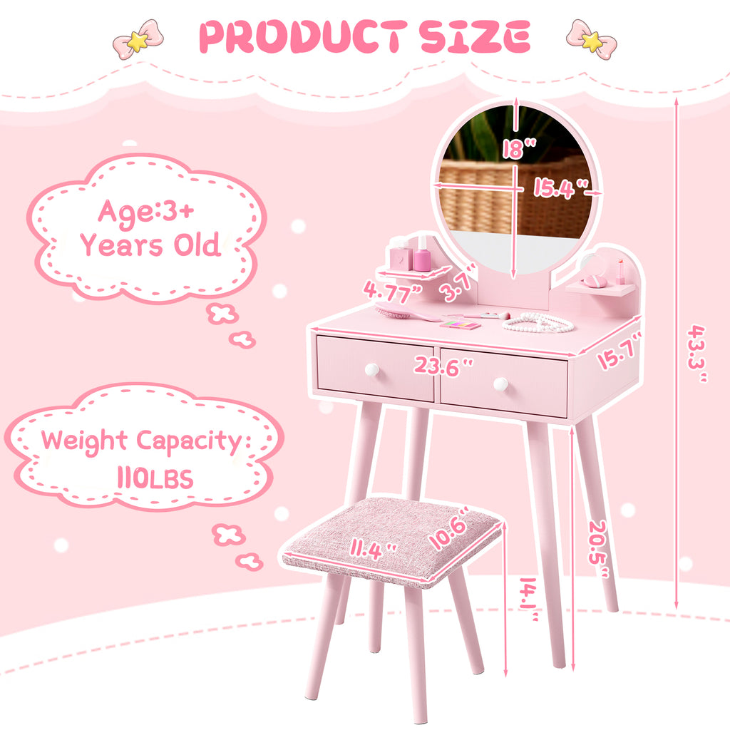 TLSUNNY Kids Princess Vanity Set, Toddlers Wooden Makeup Table & Stool with Drawer, Mirror, Detachable Top, for Little Girls