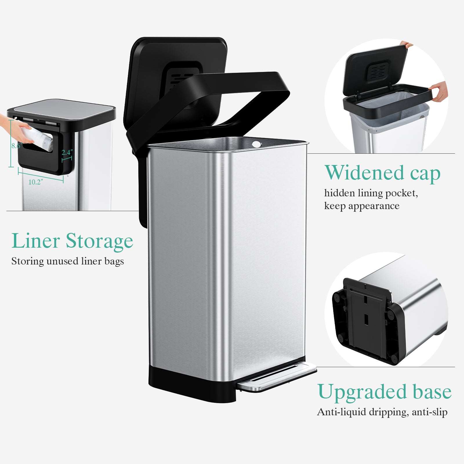 TLSUNNY 13.2 Gal Stainless Steel Trash Can, with 15 Trash Bags & Odor Control, Step-on Pedal Bin with Soft-Close Lid, No Inner Bucket, for Kitchen/Office