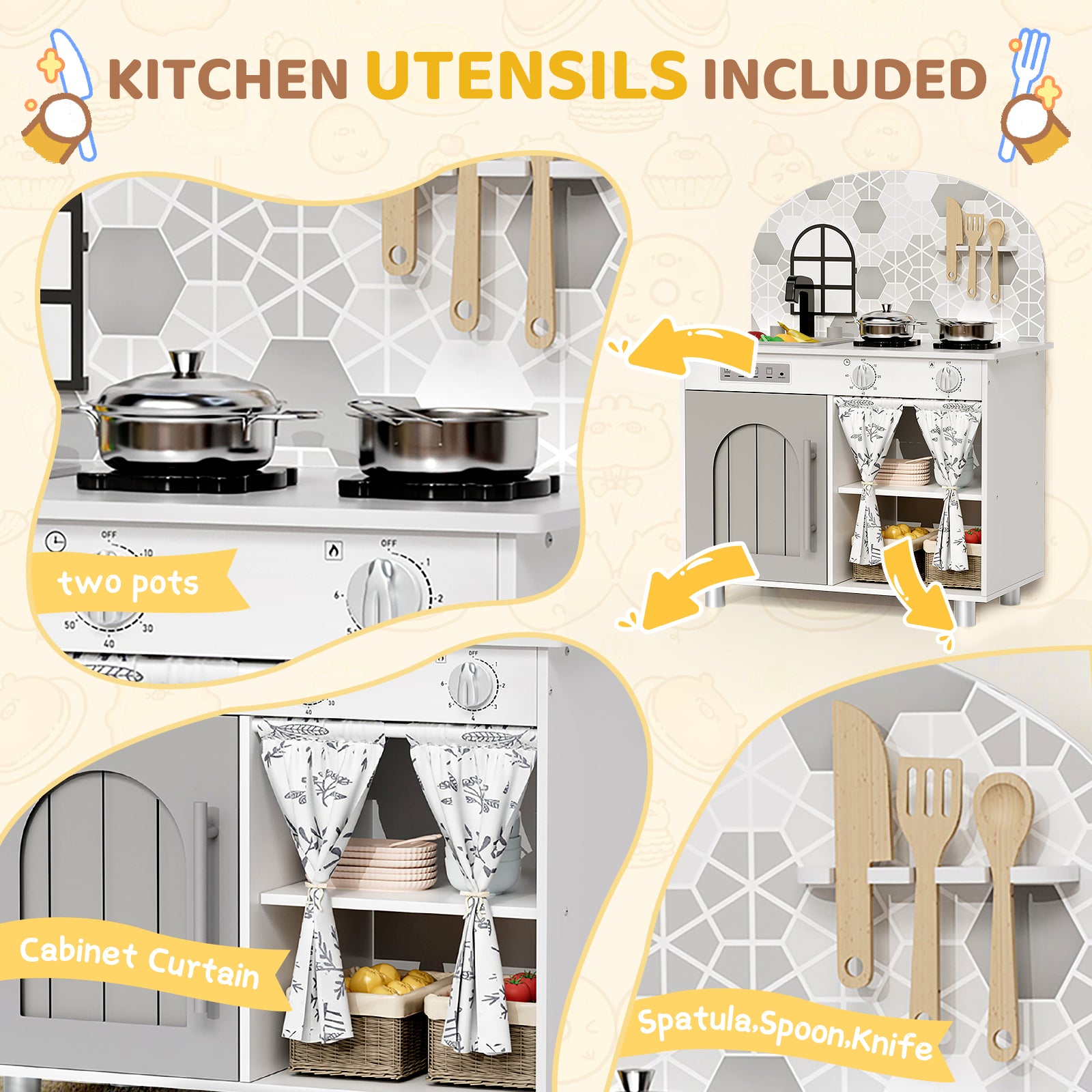 TLSUNNY Kids Play Kitchen, Wooden Kitchen Playset with Sink, Stove, Cooking Accessories, Educational Gift for Ages 3+