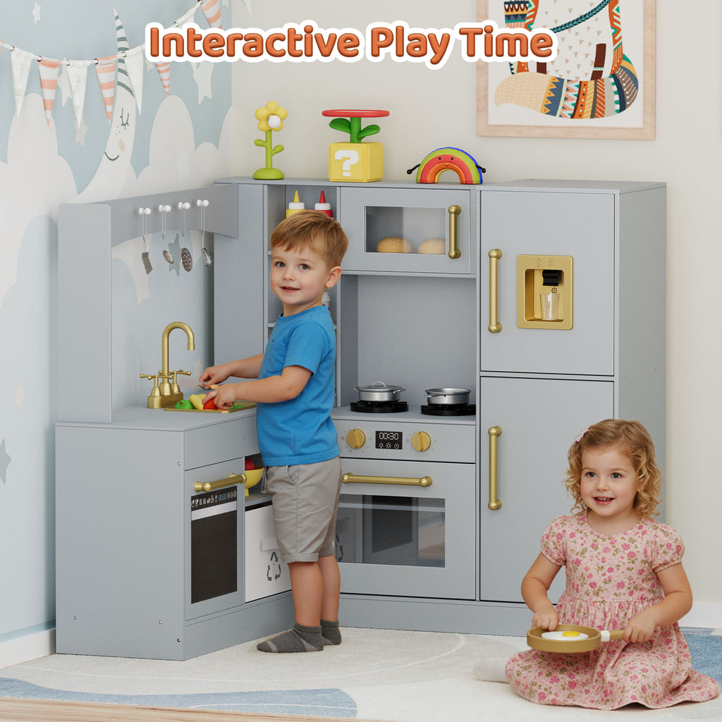 TLSUNNY Corner Play Kitchen with Lights & Sounds, Sink, Fridge, Microwave & Storage, Wooden Toddler Toy for Ages 3+