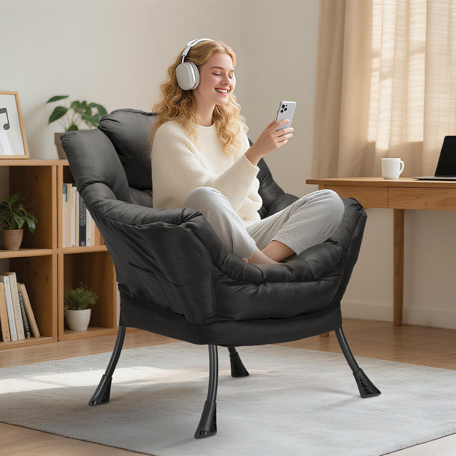 TLSUNNY Lazy Chair/ with Foldable Ottoman, Modern Lounge Reading Chair with Side Pocket, Upholstered Armchair for Living Room, Bedroom and Dorm