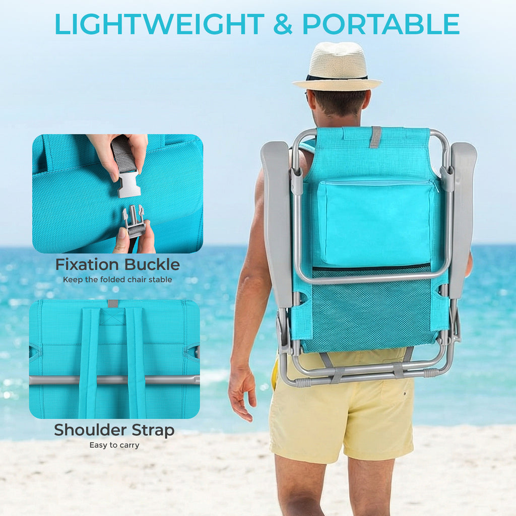 TLSUNNY Backpack Beach Chair Set of 1/2, Outdoor 5-Level Adjustable Folding Chair, w/ Cup Holder, Headrest, Storage Bag, Cooler Pouch, for Camping