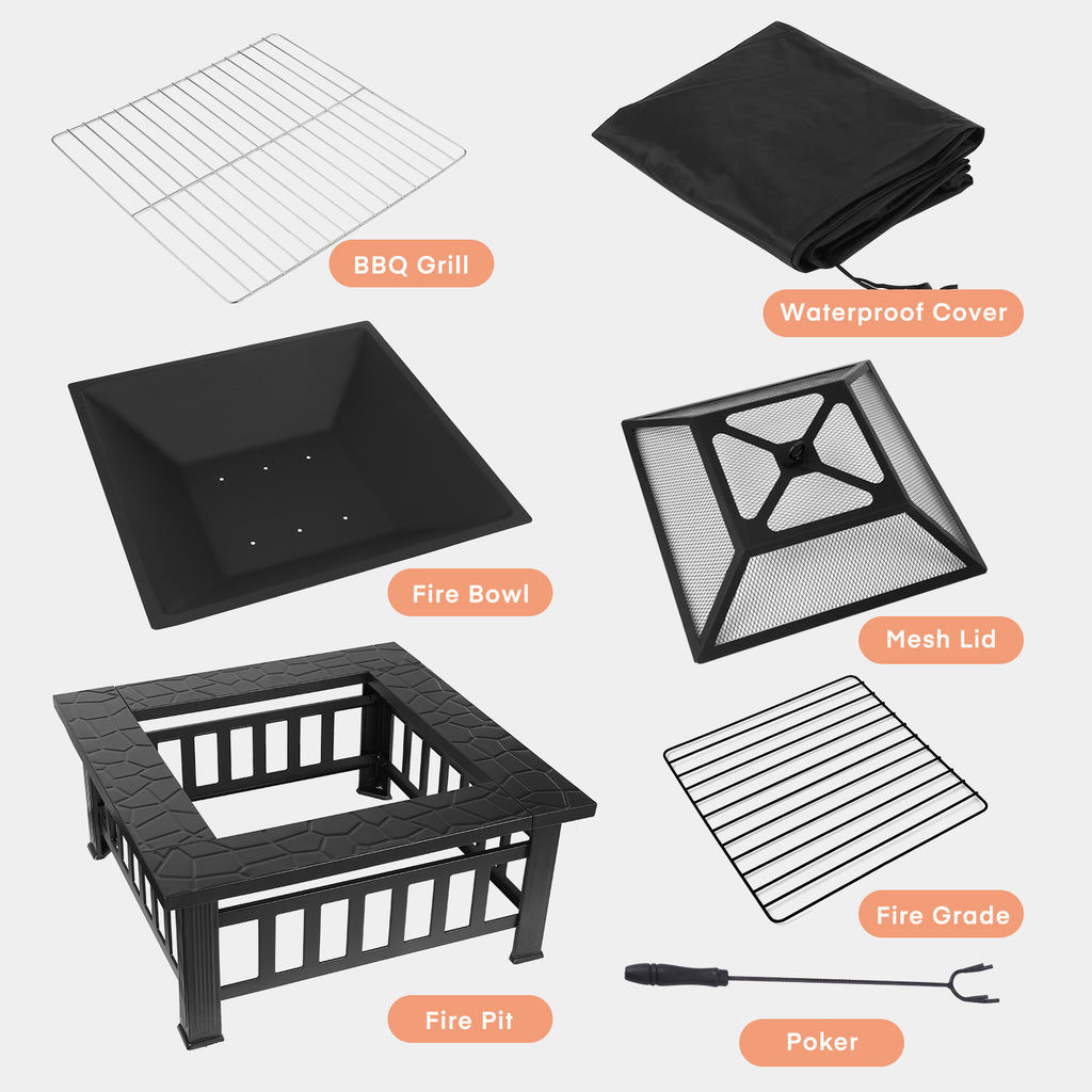 TLSUNNY 32'' Metal Fire Pits for Outside, Square Wood Burning Firepit Table, for Outdoor Patio Backyard Bonfire Party