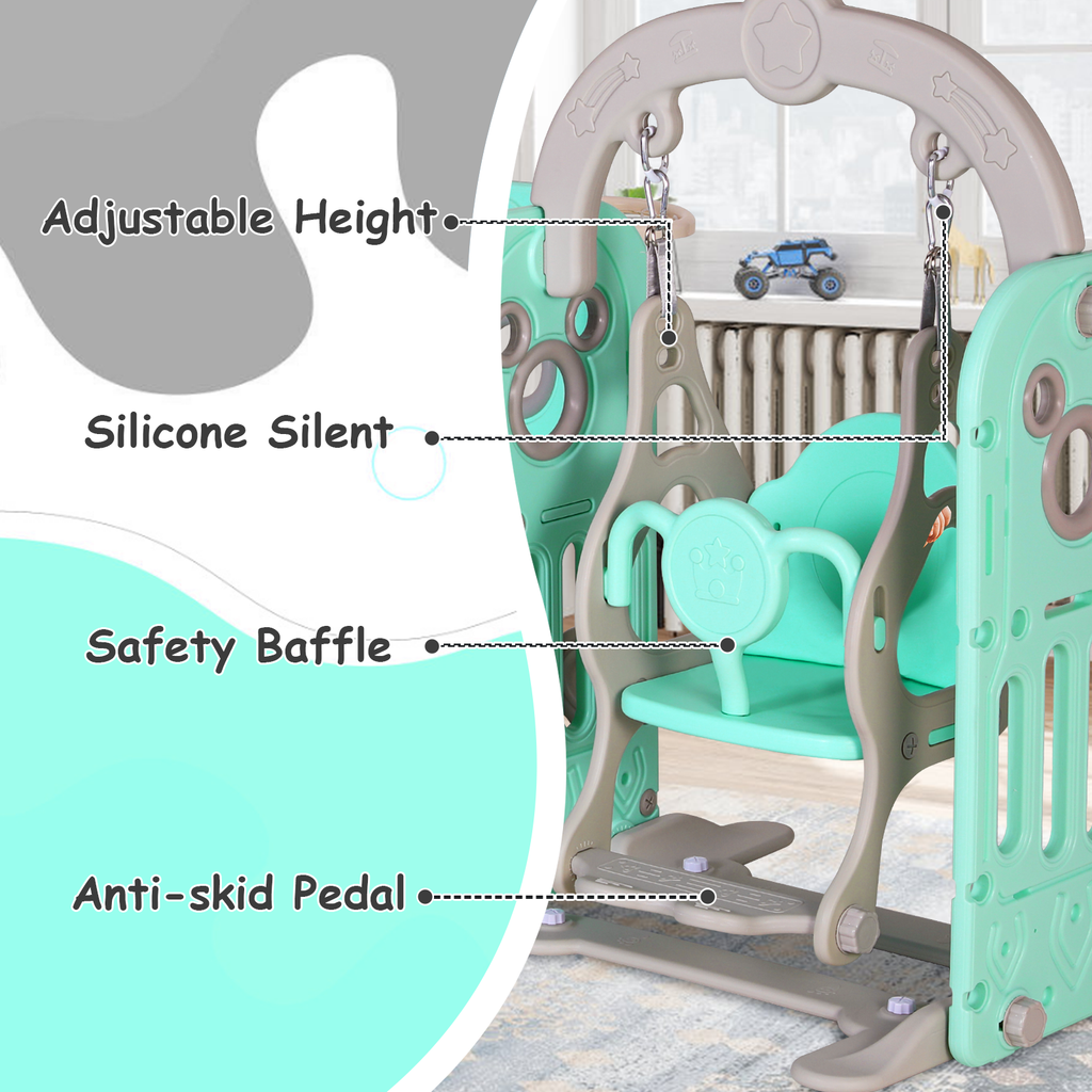 TLSUNNY 5-in-1 Kids Slide and Swing Set, Toddlers Slide & Climber with Basketball Hoop and Storage, for Indoor, Outdoor, Playground,Backyard