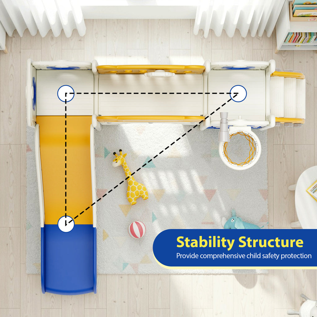 TLSUNNY 10-in-1 Kids Slide & Climber Set, with Basketball Hoop, Telescope, Drawing Board, Tunnel, Indoor Outdoor Toddler Playset