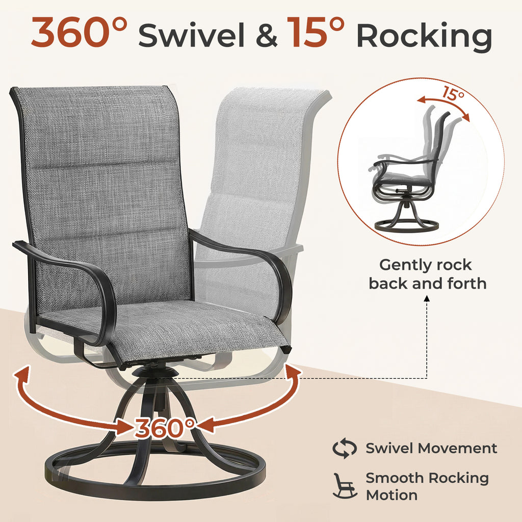 TLSUNNY Patio Swivel Padded Chairs Set of 2, Outdoor Dining Chairs High Back with All Weather Breathable Textilene, Metal Rocking Frame for Backyard Lawn Garden