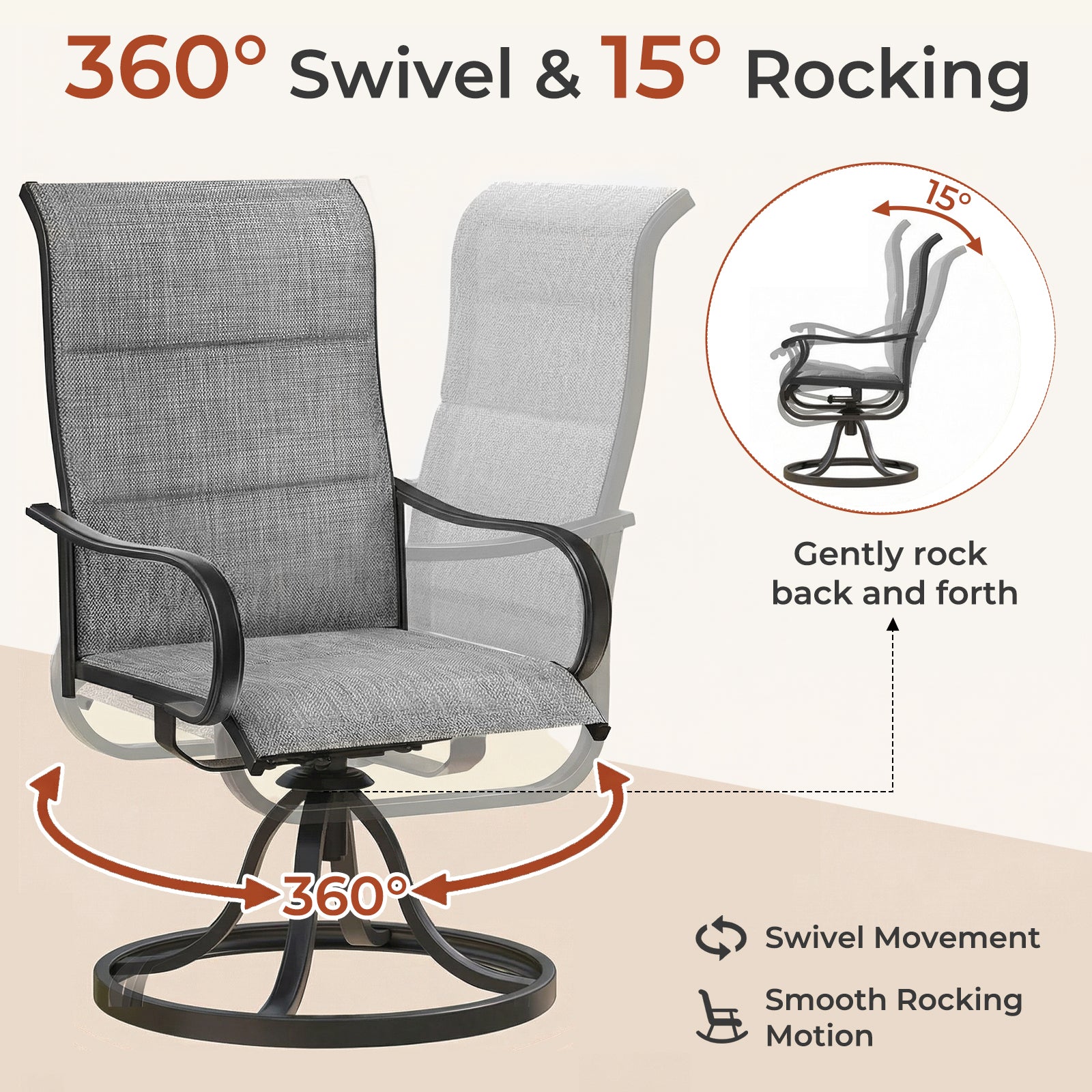 TLSUNNY Patio Swivel Padded Chairs Set of 2, Outdoor Dining Chairs High Back with All Weather Breathable Textilene, Metal Rocking Frame for Backyard Lawn Garden