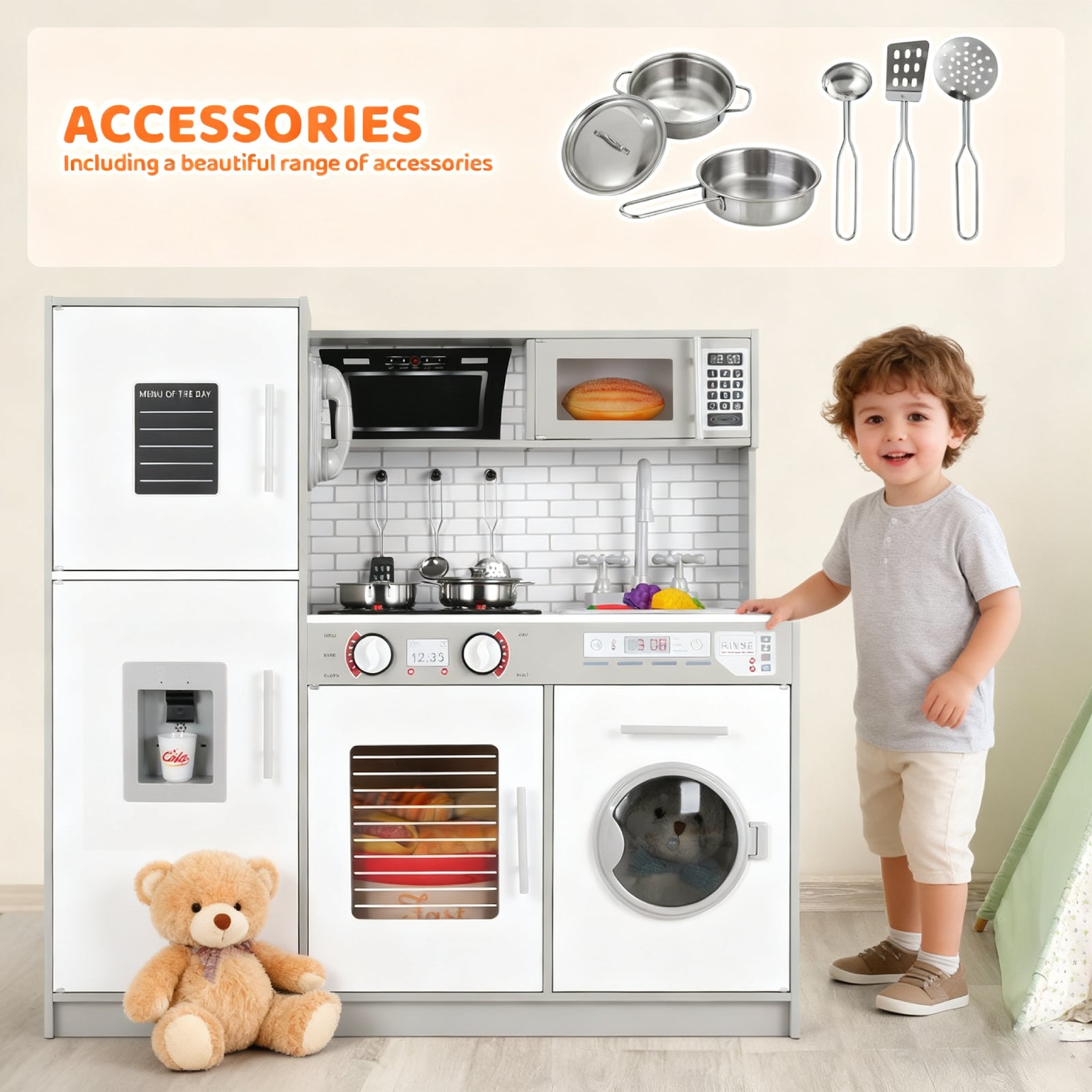 TLSUNNY Kids Play Kitchen, w/ Realistic Lights & Sounds, Washing Machine, Water Dispenser & Stove, Wooden Kitchen Playset for Toddlers Ages 3+