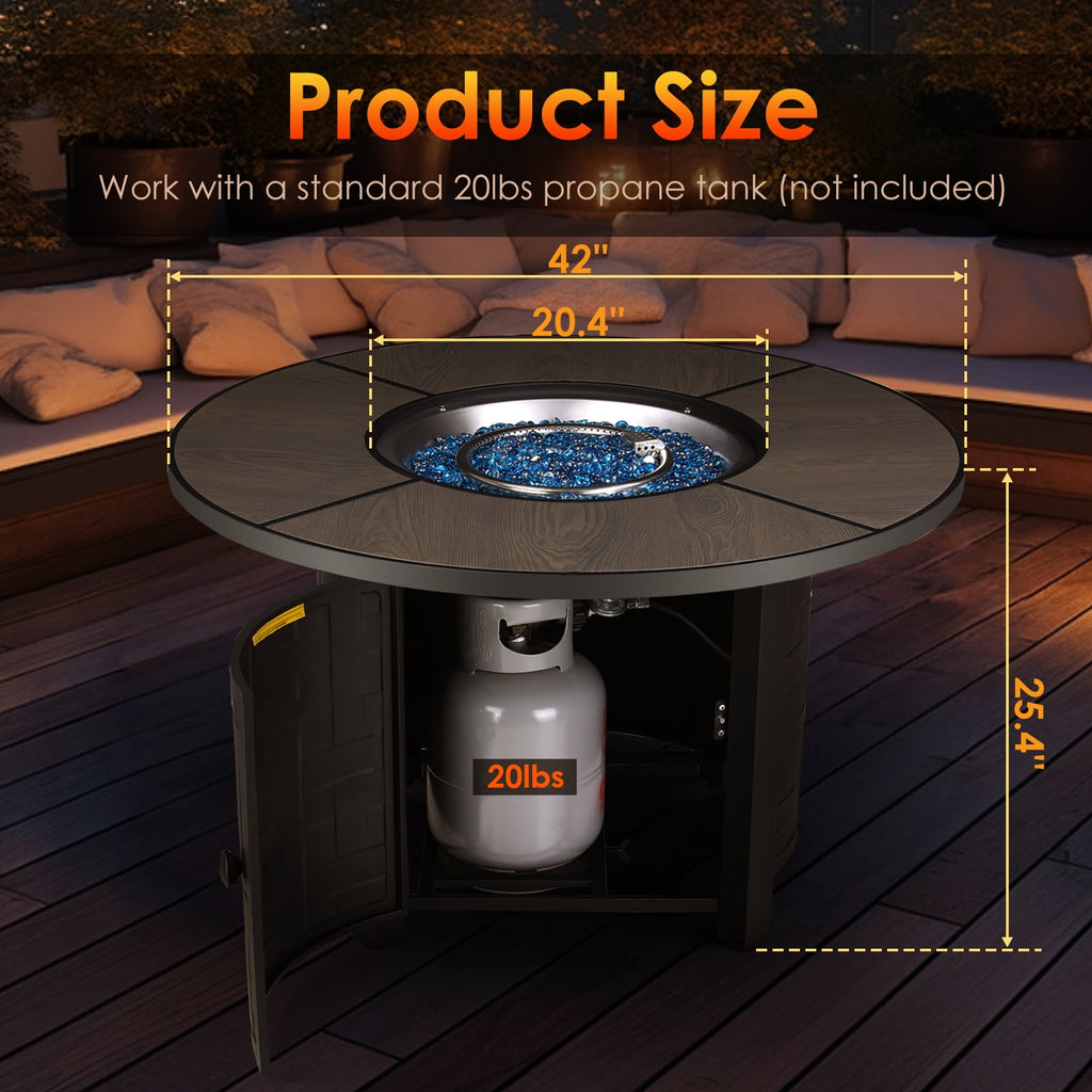 TLSUNNY 42‘’ Round Propane Fire Pit Table, 50,000 BTU Steel Firepit with Metal Lid, Waterproof Cover, Auto-Ignition, for Patio/Backyard