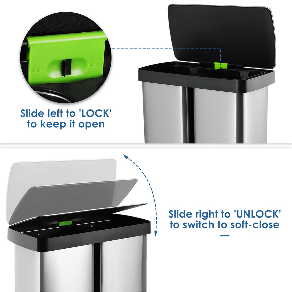 TLSUNNY 16 Gallon Dual Compartments Step Trash Can, Stainless Steel Kitchen Garbage Can Classified Recycling Bin, for Home, Office