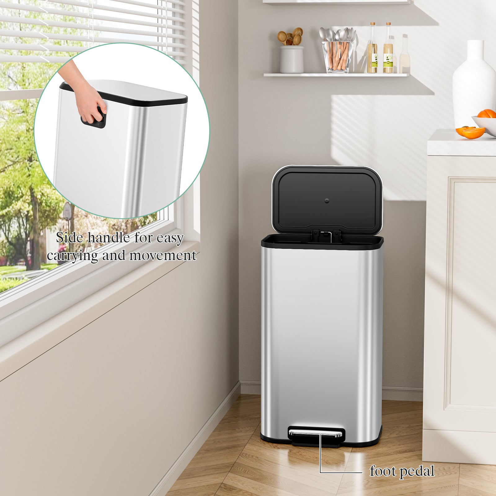 TLSUNNY 30/50L Square Step-On Trash Can, 8/13.2 Gal Fingerprint-Proof Stainless Steel Garbage Bin for Kitchen/Office