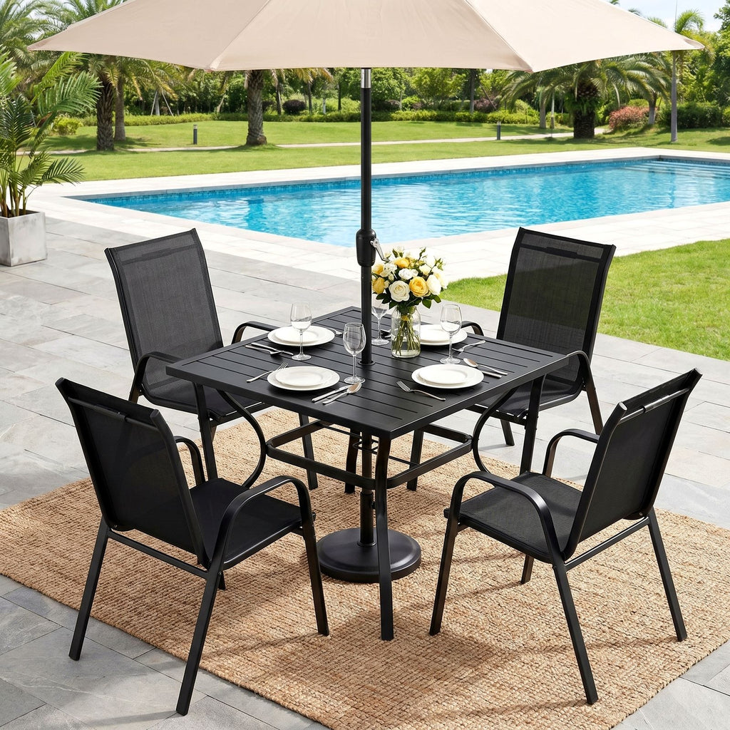 TLSUNNY 5-Piece Outdoor Patio Dining Set, W/ Metal Iron Square Table & Textilene Chairs for 4-Person