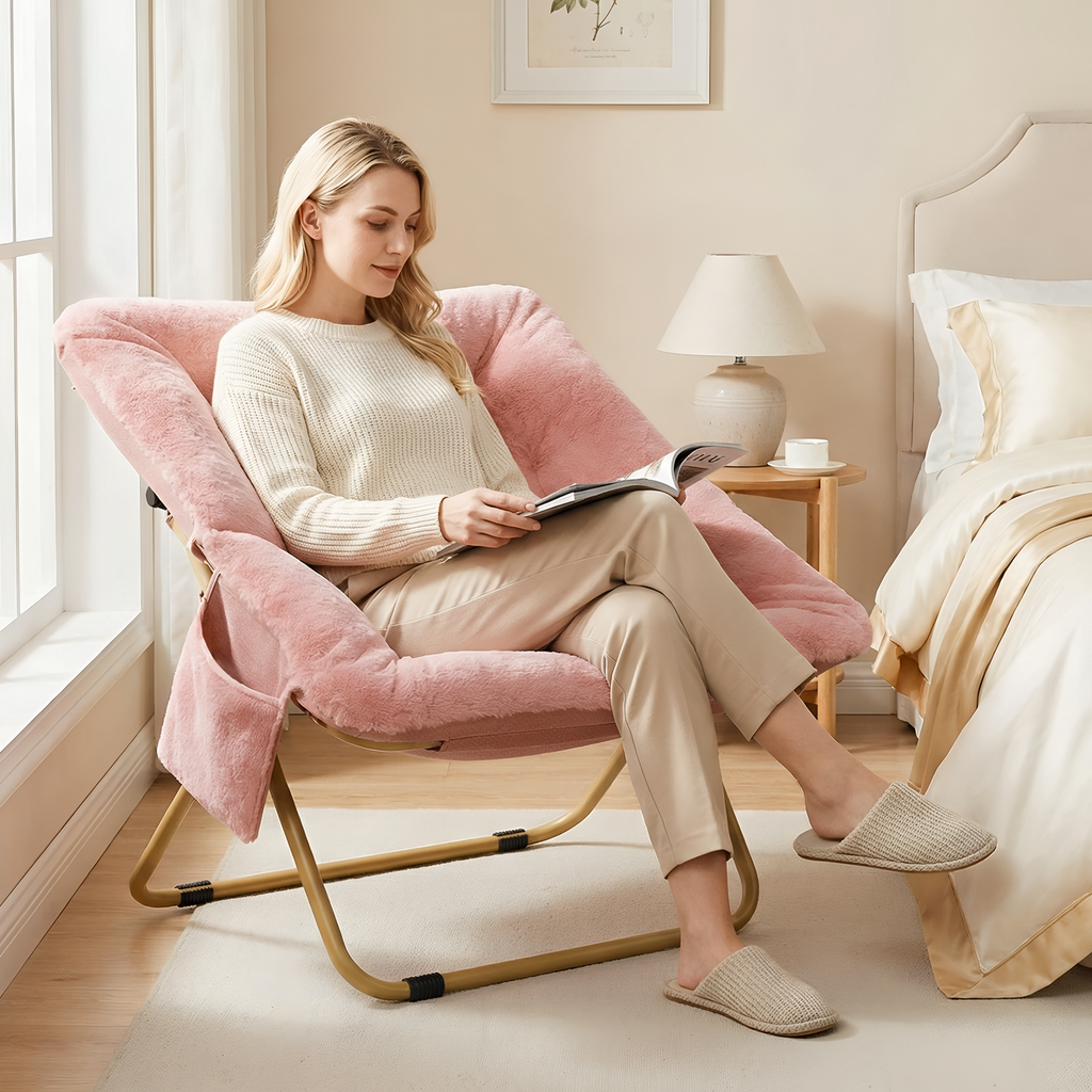 TLSUNNY Foldable Lazy Chair/Foldable Saucer Chair with Ottoman, Comfy Saucer Chair, Soft Faux Fur Reading Lounge Chair, for Living Room, Bedroom, Dorms, Teens Adults