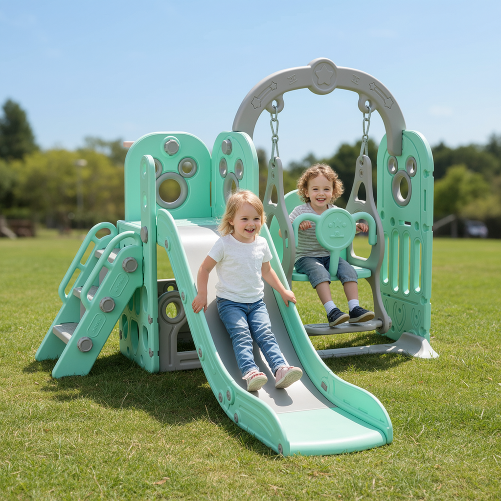 TLSUNNY 5-in-1 Kids Slide and Swing Set, Toddlers Slide & Climber with Basketball Hoop and Storage, for Indoor, Outdoor, Playground,Backyard