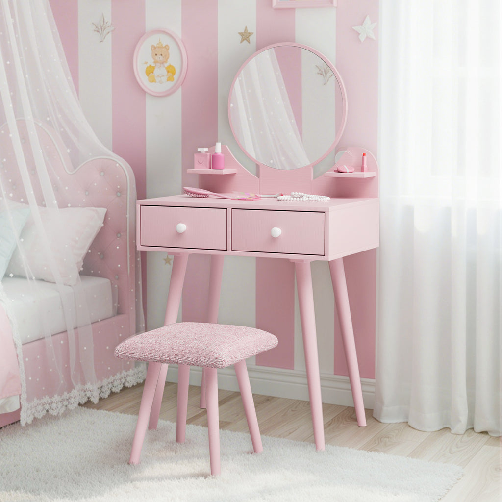 TLSUNNY Kids Princess Vanity Set, Toddlers Wooden Makeup Table & Stool with Drawer, Mirror, Detachable Top, for Little Girls