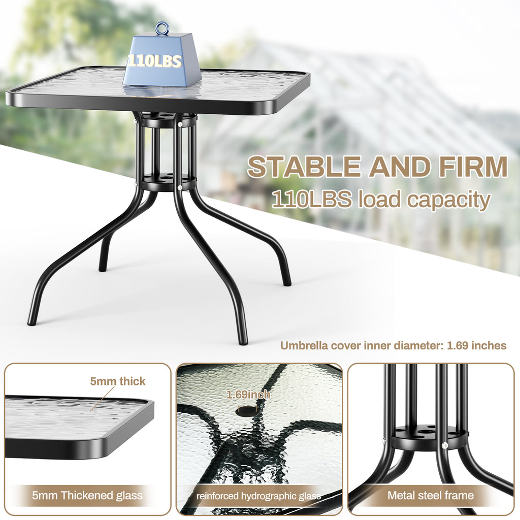 TLSUNNY Outdoor Dining Set of 5, Square Glass Top Table with Umbrella Hole and 4 Stackable Textilene Chairs, for Patio, Backyard, Porch, Lawn Use