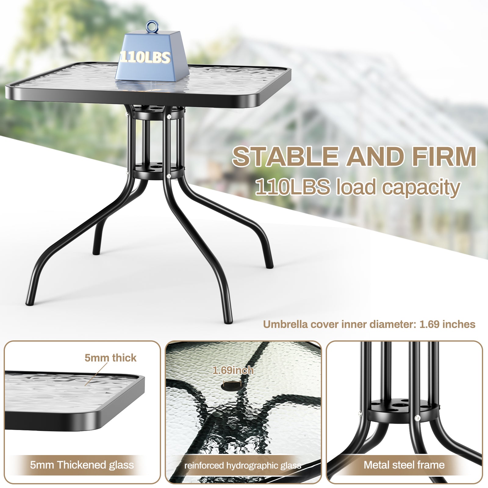 TLSUNNY Outdoor Dining Set of 5, Square Glass Top Table with Umbrella Hole and 4 Stackable Textilene Chairs, for Patio, Backyard, Porch, Lawn Use