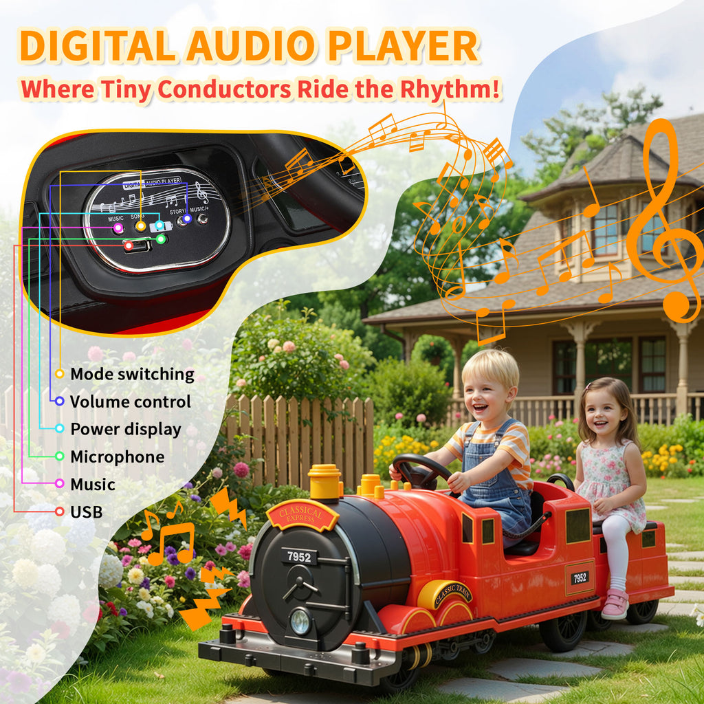 TLSUNNY Kids Ride On Train Trackless, 12V Kids Battery Powered Electric Train w/ Lights & Music, Detachable Carriage, Storage, for Toddlers