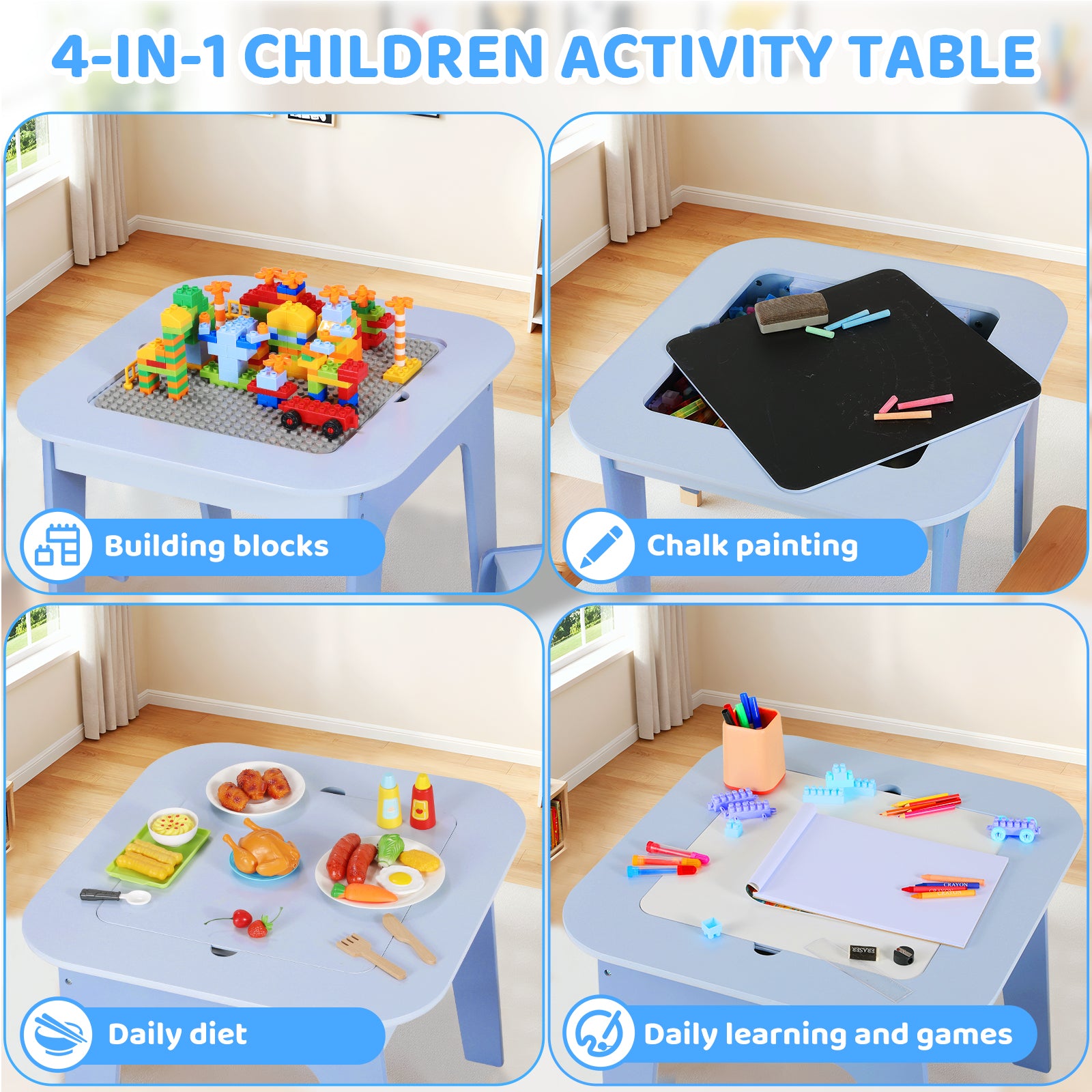 TLSUNNY Kids Table and 2 Chairs Set with Storage, Toddler Activity Table Set, Blackboard, Whiteboard & Building Blocks Tabletop, for Kids Ages 3+