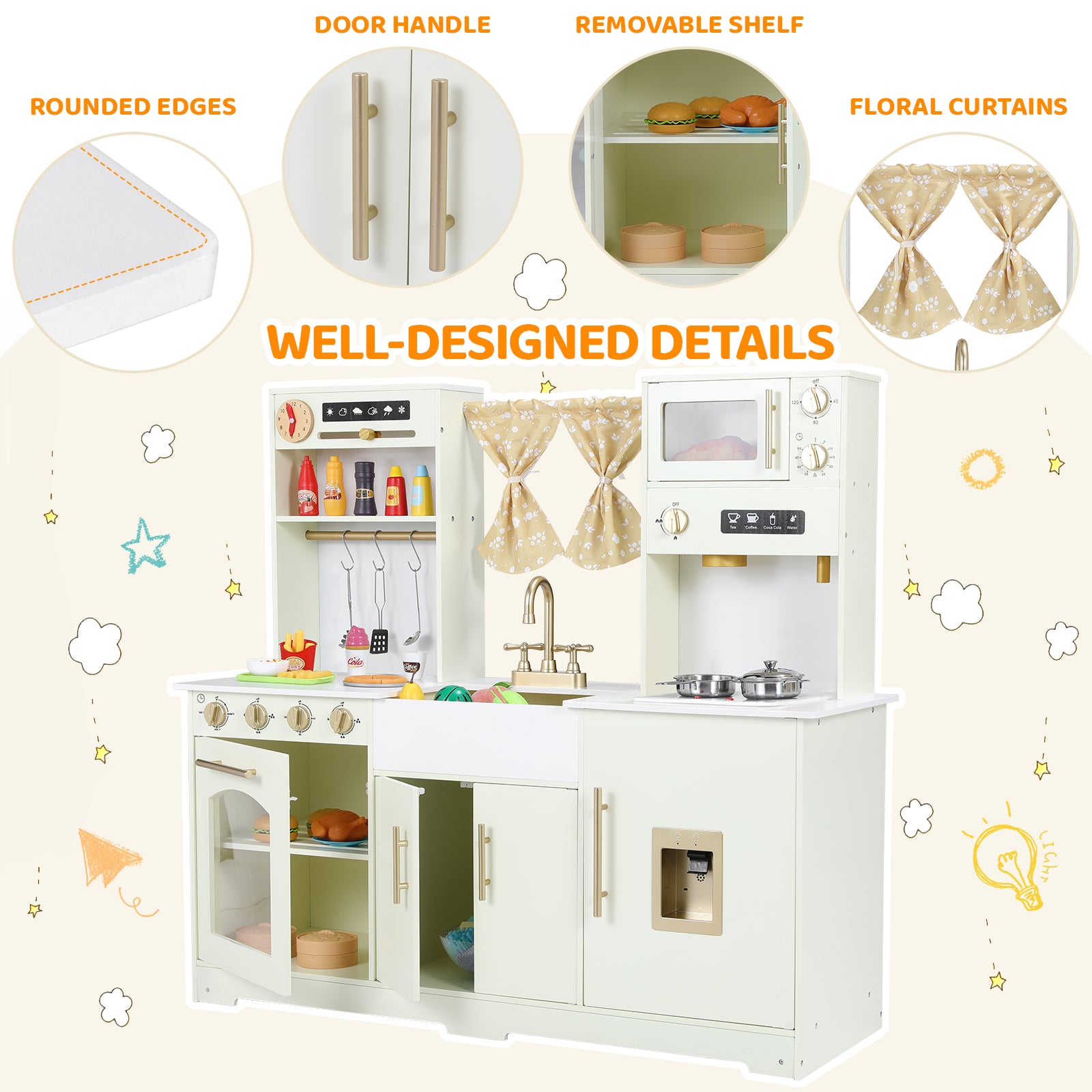 TLSUNNY Kids Play Kitchen with Realistic Lights & Sounds, Wooden Toy Pretend Play Kitchen Set w/ Sink, Faucet, Microwave, Curtain for Ages 3+