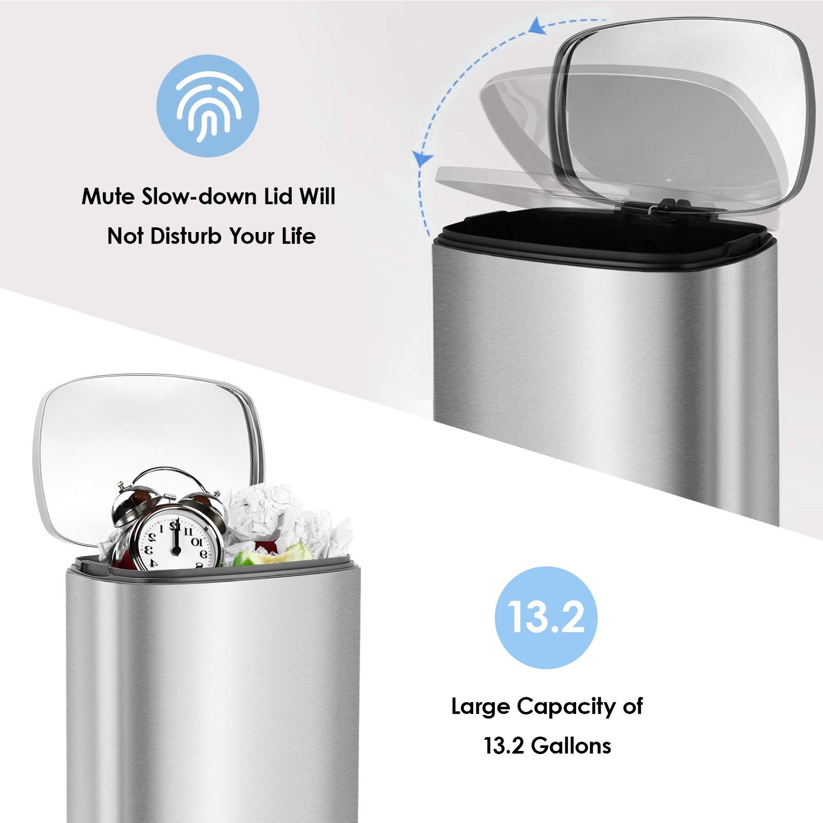 TLSUNNY 8/13.2 Gallon Step Trash Can, Stainless Steel Garbage Bin, Soft-Close Rubbish Bin with Removable Plastic Inner Bucket, Fingerprint-Proof, Lid Dustbin, Suit for Kitchen Home