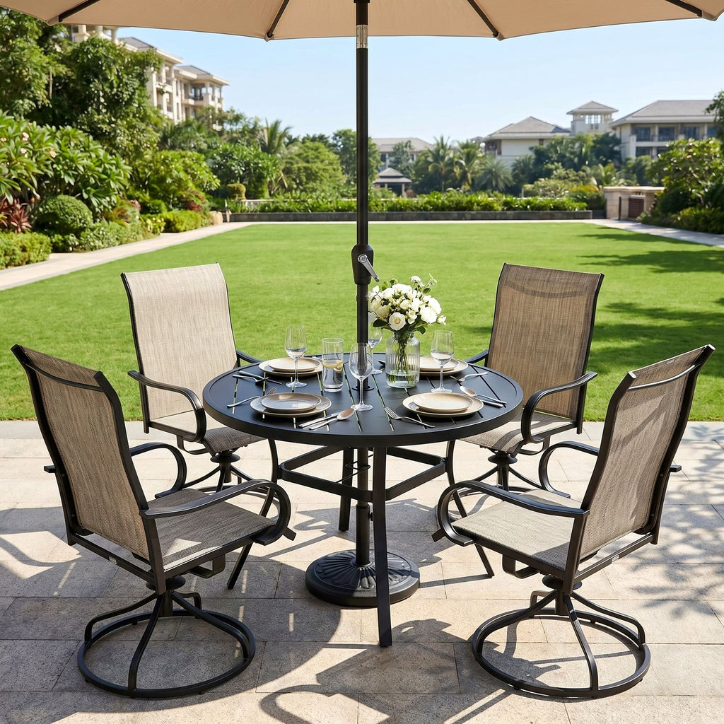 TLSUNNY Outdoor Dining Set, Patio Metal Table and Swivel Chairs Set, W/ Umbrella Hole & Foot Pads, Outdoor Furniture for Backyard, Porch, Garden