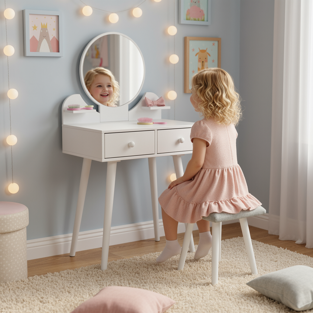 TLSUNNY Kids Princess Vanity Set, Toddlers Wooden Makeup Table & Stool with Drawer, Mirror, Detachable Top, for Little Girls
