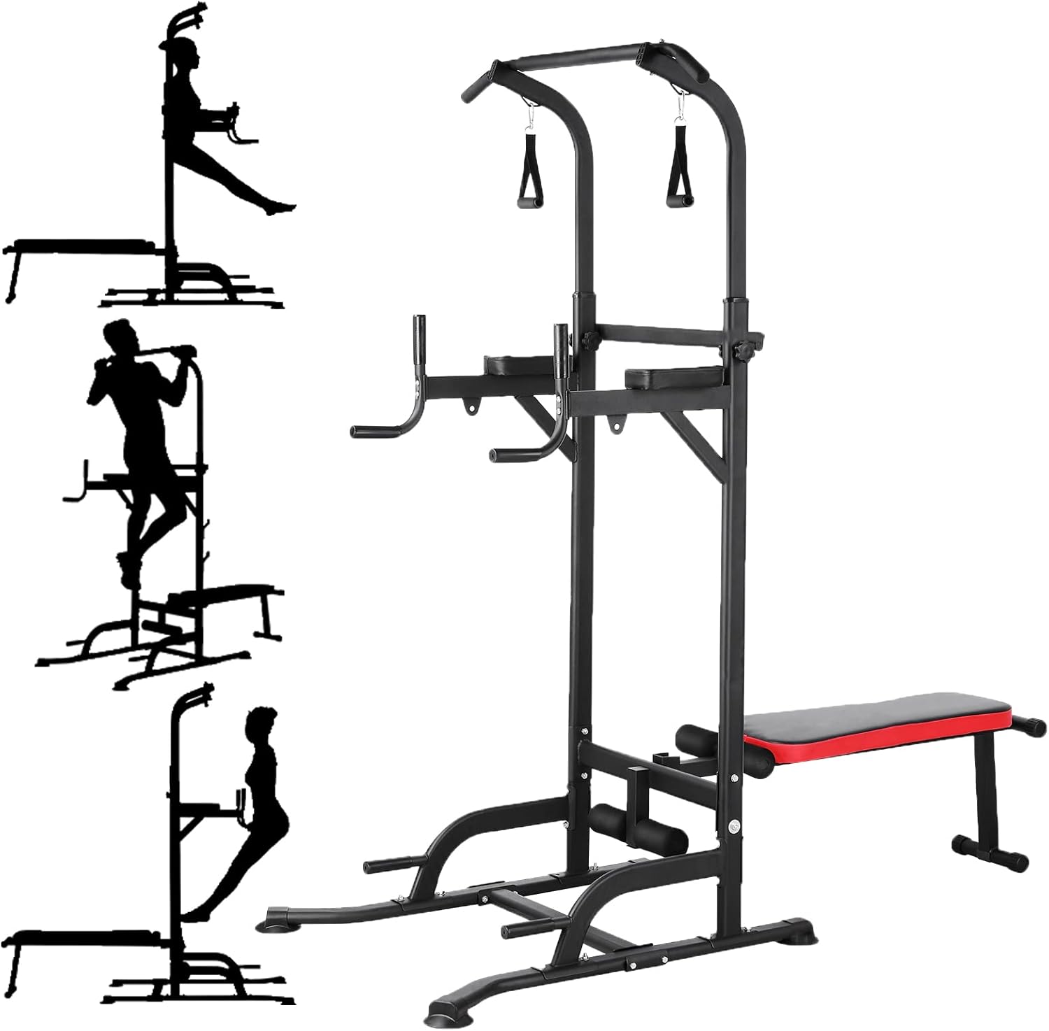 TLSUNNY Power Tower with Bench, Pull Up Bar Stand, w/ Dual Resistance Bands, Adjustable Pull Up Dip Station for Home Gym Workouts, 400lbs