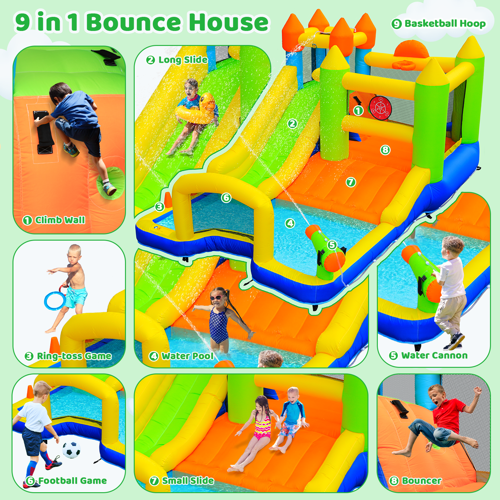 TLSUNNY Bounce House with Slide, 9 in 1 Inflatable Water Slides for Kids Backyard, w/Climbing Wall, Splash Pool, Soccer Goal, Water Cannon, Bouncy Castle w/Air Blower