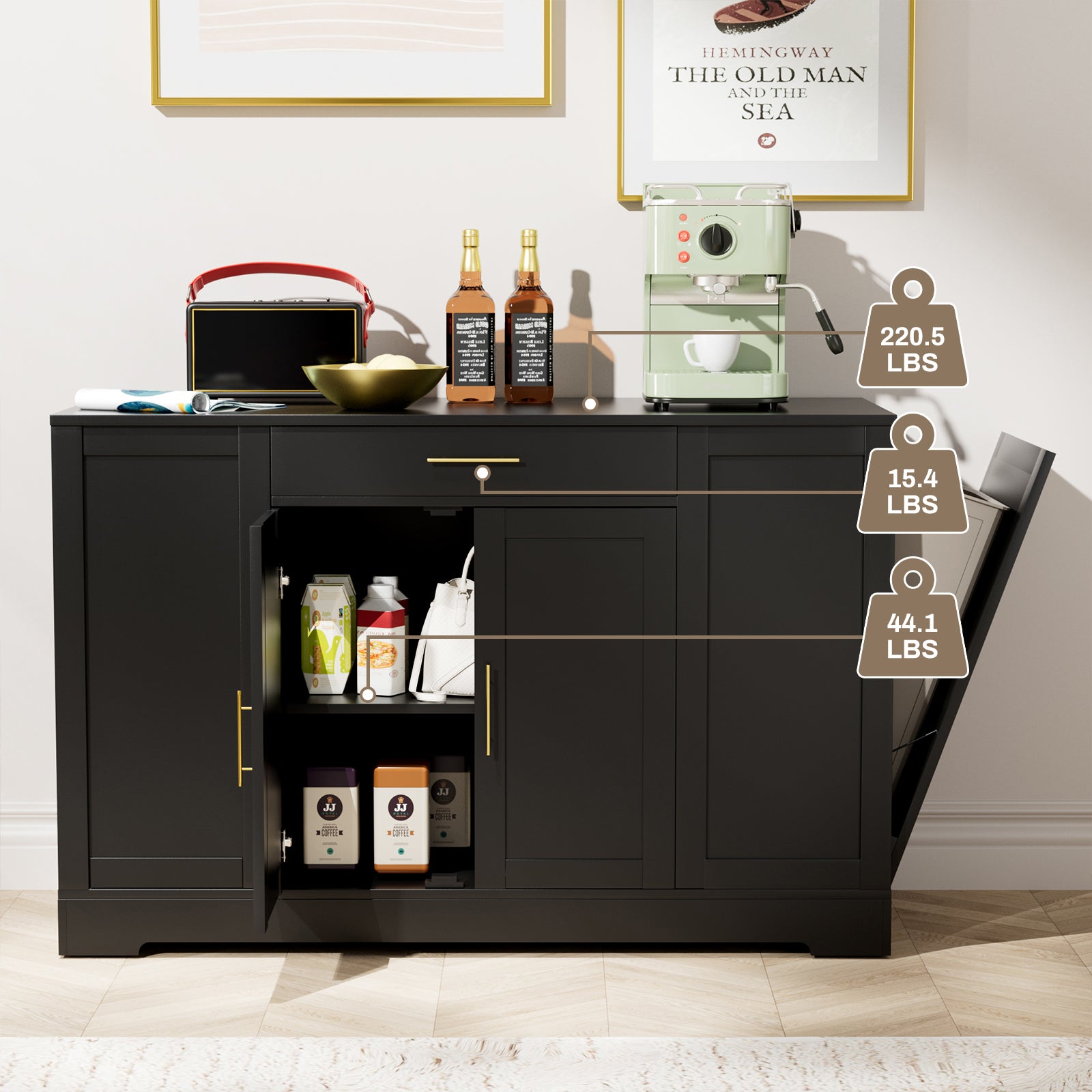 TLSUNNY 53" Kitchen Island w/ 13 Gal Trash Can Storage Cabinet, Portable Kitchen Island, Open Side Shelves and Drawer
