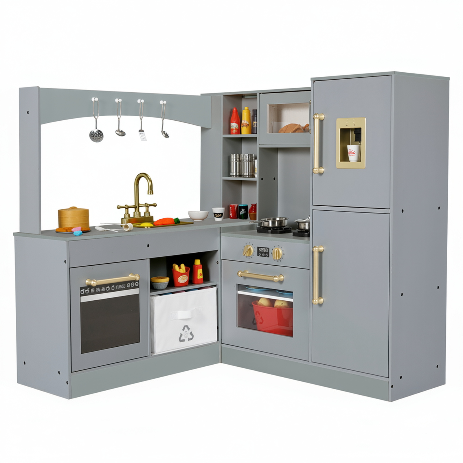 TLSUNNY Corner Play Kitchen with Lights & Sounds, Sink, Fridge, Microwave & Storage, Wooden Toddler Toy for Ages 3+