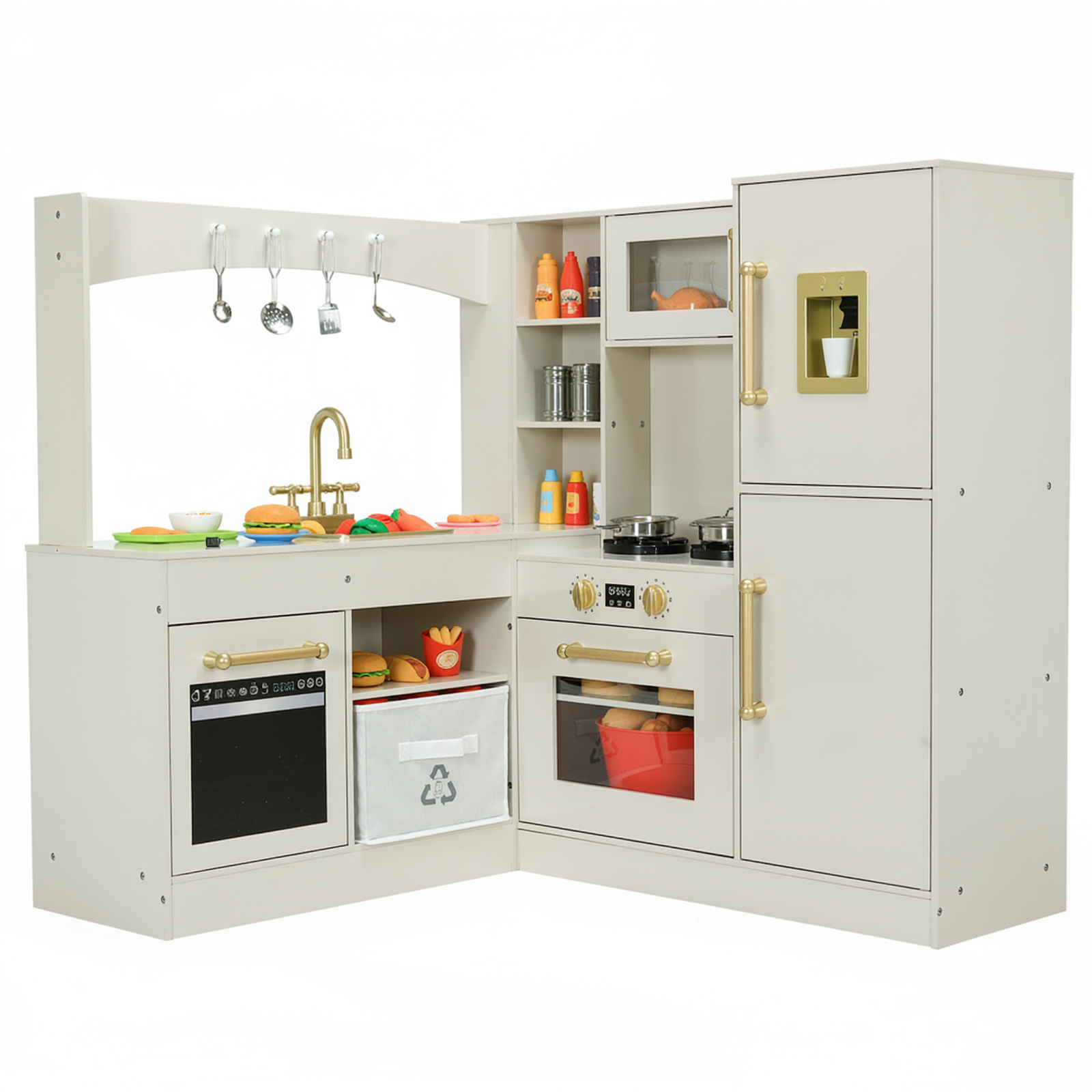 TLSUNNY Corner Play Kitchen with Lights & Sounds, Sink, Fridge, Microwave & Storage, Wooden Toddler Toy for Ages 3+