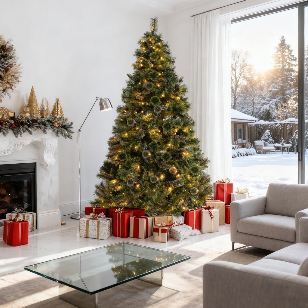 TLSUNNY 6/8/9ft Pre-lit Artificial Christmas Tree with 550 Branche Tips 250 LED Warm Lights, Fluffy Snow Flocked Pine Tree, Metal Stand Hinged Xmas Tree