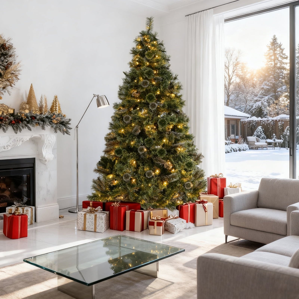 TLSUNNY 6/8/9ft Pre-lit Artificial Christmas Tree with 550 Branche Tips 250 LED Warm Lights, Fluffy Snow Flocked Pine Tree, Metal Stand Hinged Xmas Tree