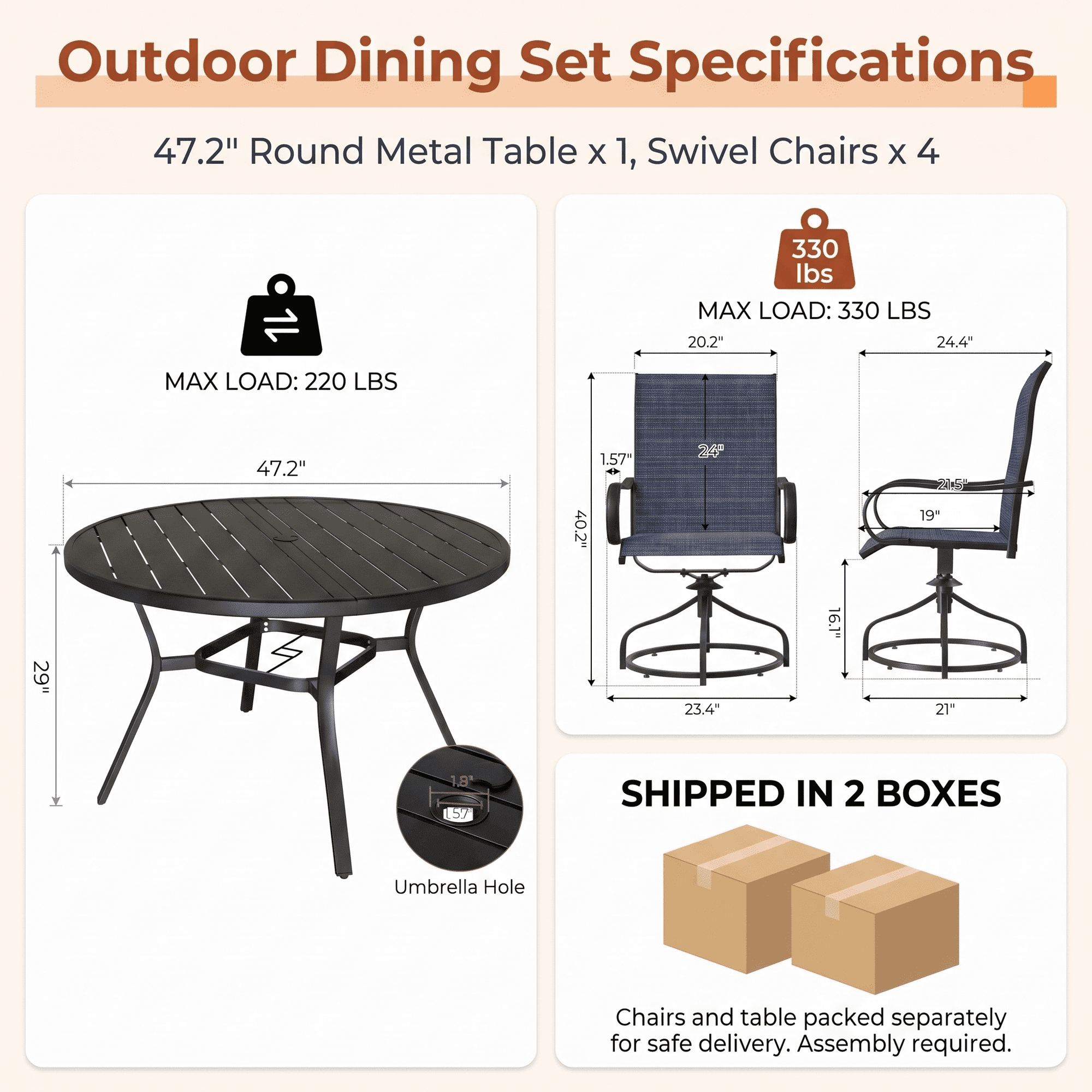 TLSUNNY 5-Piece Outdoor Dining Set for 4, 47.2" Round Black Metal Table W/ Umbrella Hole & 4 Iron Swivel Chairs, Patio Dining Furniture, for Patio, Deck, Porch (Umbrella Not Included)