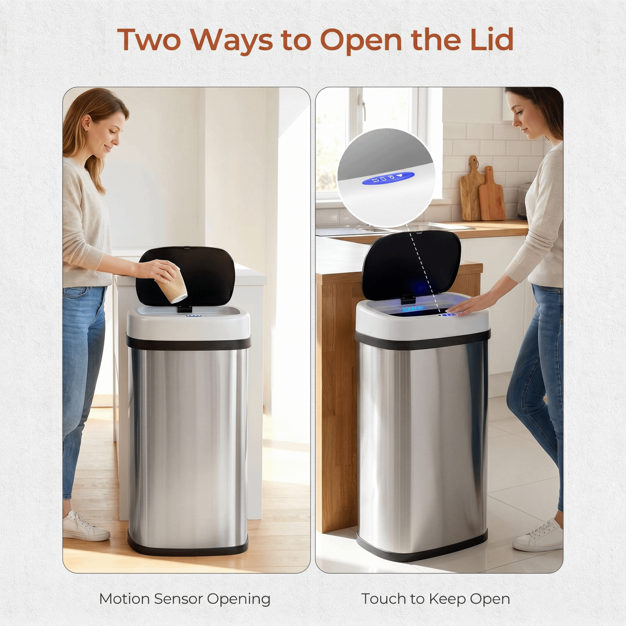 TLSUNNY 13.2/15.6/18.5 Gallon Automatic Touchless Motion Sensor Garbage Bin, Stainless Steel Kitchen Trash Can W/ Soft-Close Lid, Wave or Touch to Open