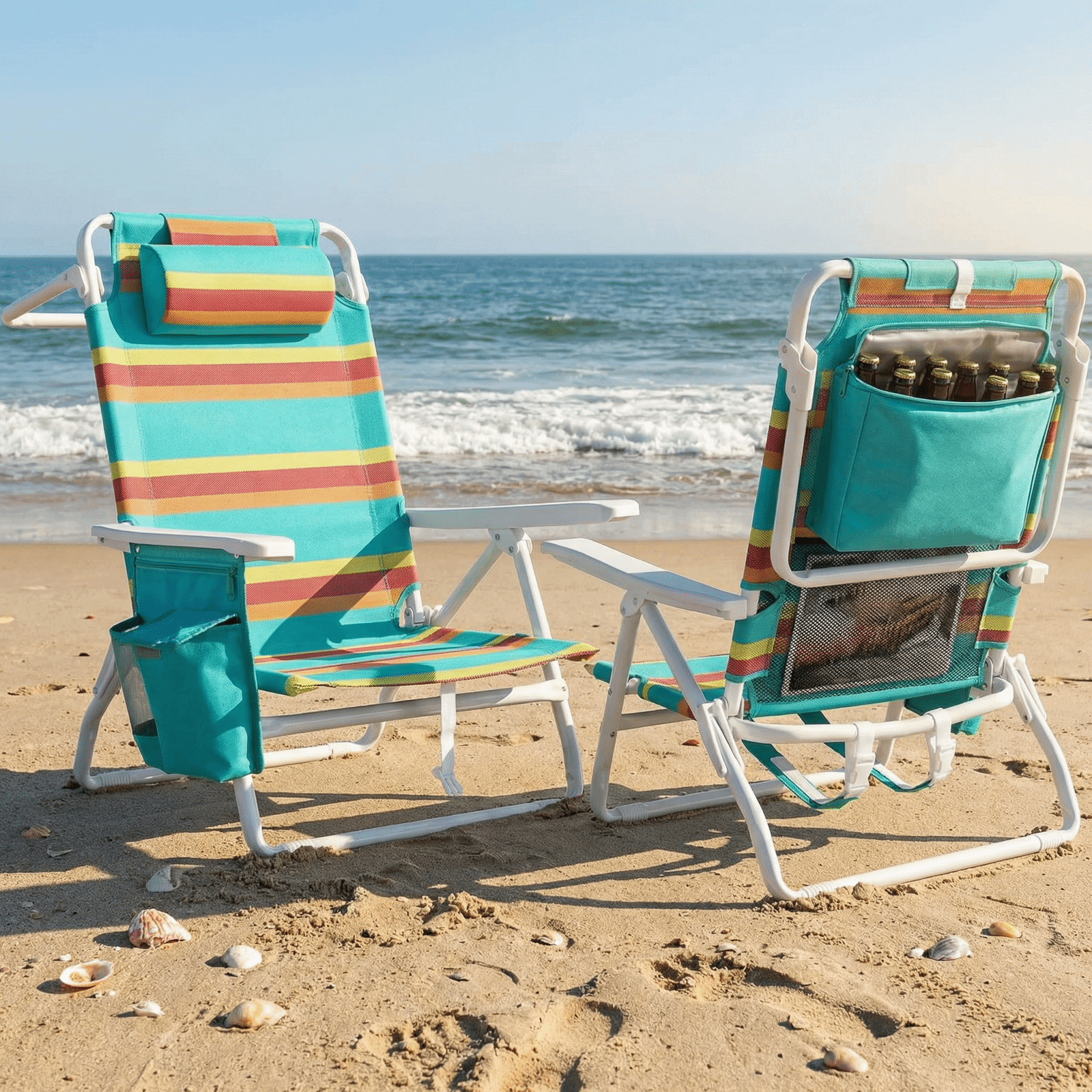 TLSUNNY Backpack Beach Chair Set of 1/2, Outdoor 5-Level Adjustable Folding Chair, w/ Cup Holder, Headrest, Storage Bag, Cooler Pouch, for Camping