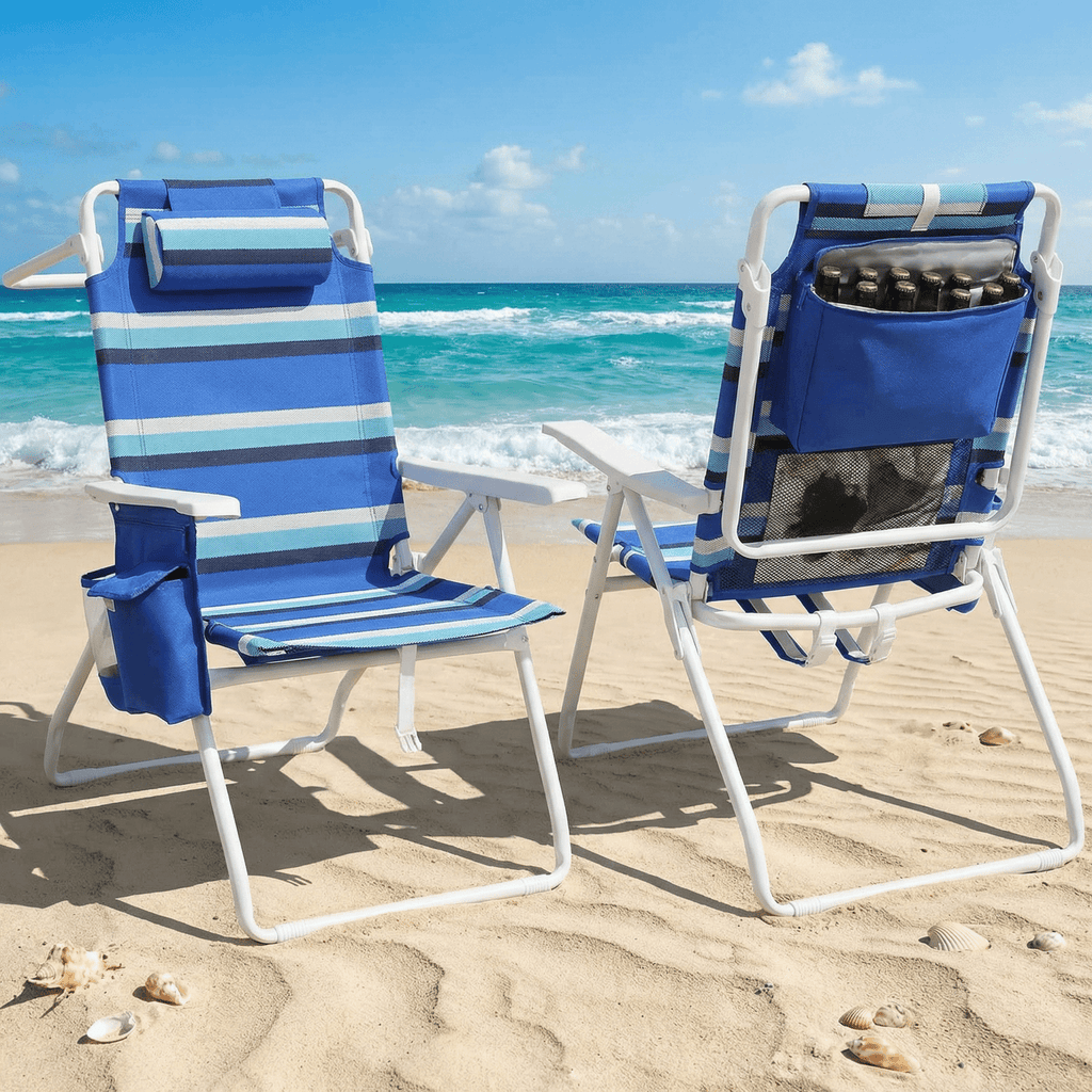 TLSUNNY Backpack Beach Chair Set of 1/2, Outdoor 5-Level Adjustable Folding Chair, w/ Cup Holder, Headrest, Storage Bag, Cooler Pouch, for Camping