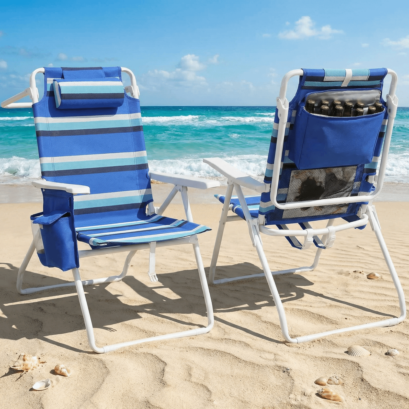 TLSUNNY Backpack Beach Chair Set of 1/2, Outdoor 5-Level Adjustable Folding Chair, w/ Cup Holder, Headrest, Storage Bag, Cooler Pouch, for Camping