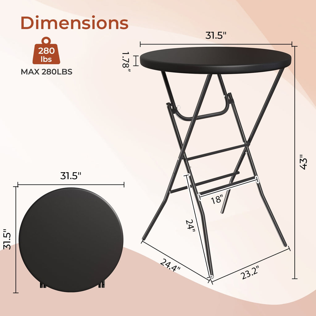 TLSUNNY 31.5" Folding Round Cocktail Table, High Top, Indoor/Outdoor Bar Height Table for Party, Commercial Events, 280LBS