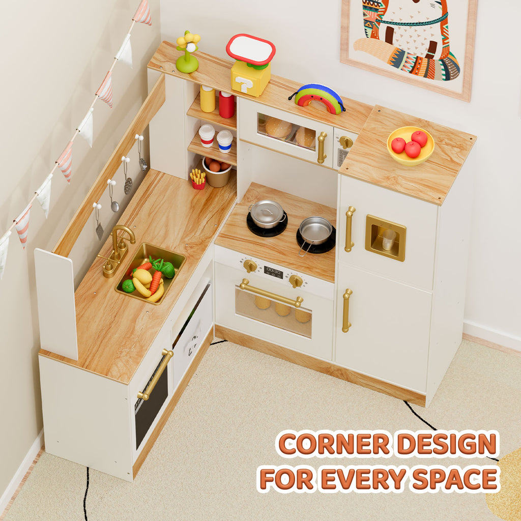 TLSUNNY Corner Play Kitchen with Lights & Sounds, Sink, Fridge, Microwave & Storage, Wooden Toddler Toy for Ages 3+