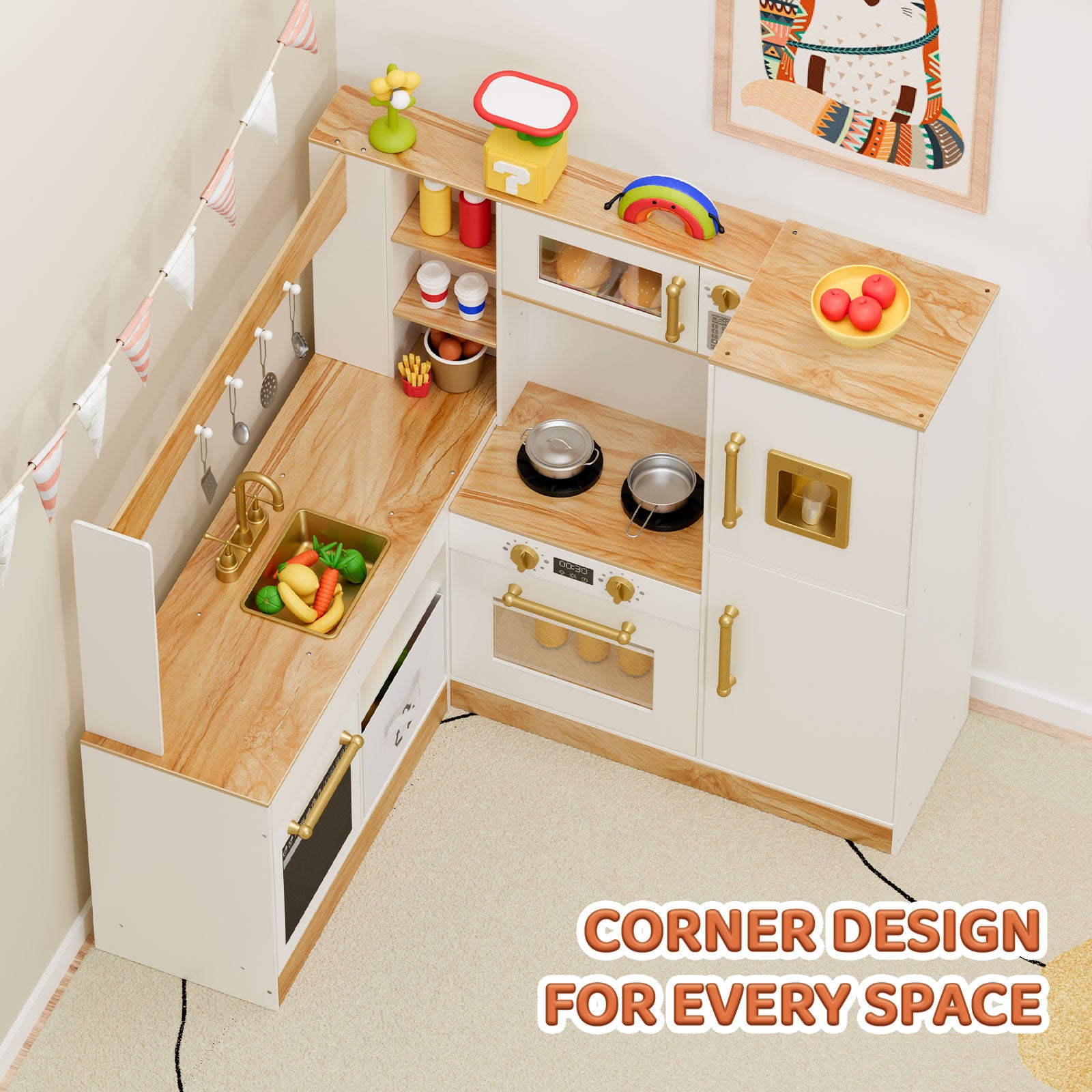 TLSUNNY Corner Play Kitchen with Lights & Sounds, Sink, Fridge, Microwave & Storage, Wooden Toddler Toy for Ages 3+