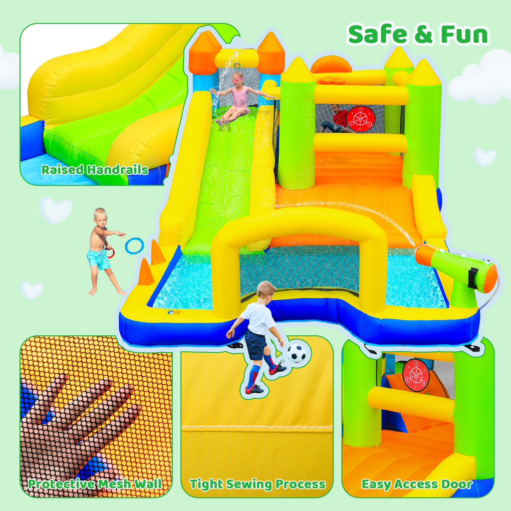 TLSUNNY Bounce House with Slide, 9 in 1 Inflatable Water Slides for Kids Backyard, w/Climbing Wall, Splash Pool, Soccer Goal, Water Cannon, Bouncy Castle w/Air Blower
