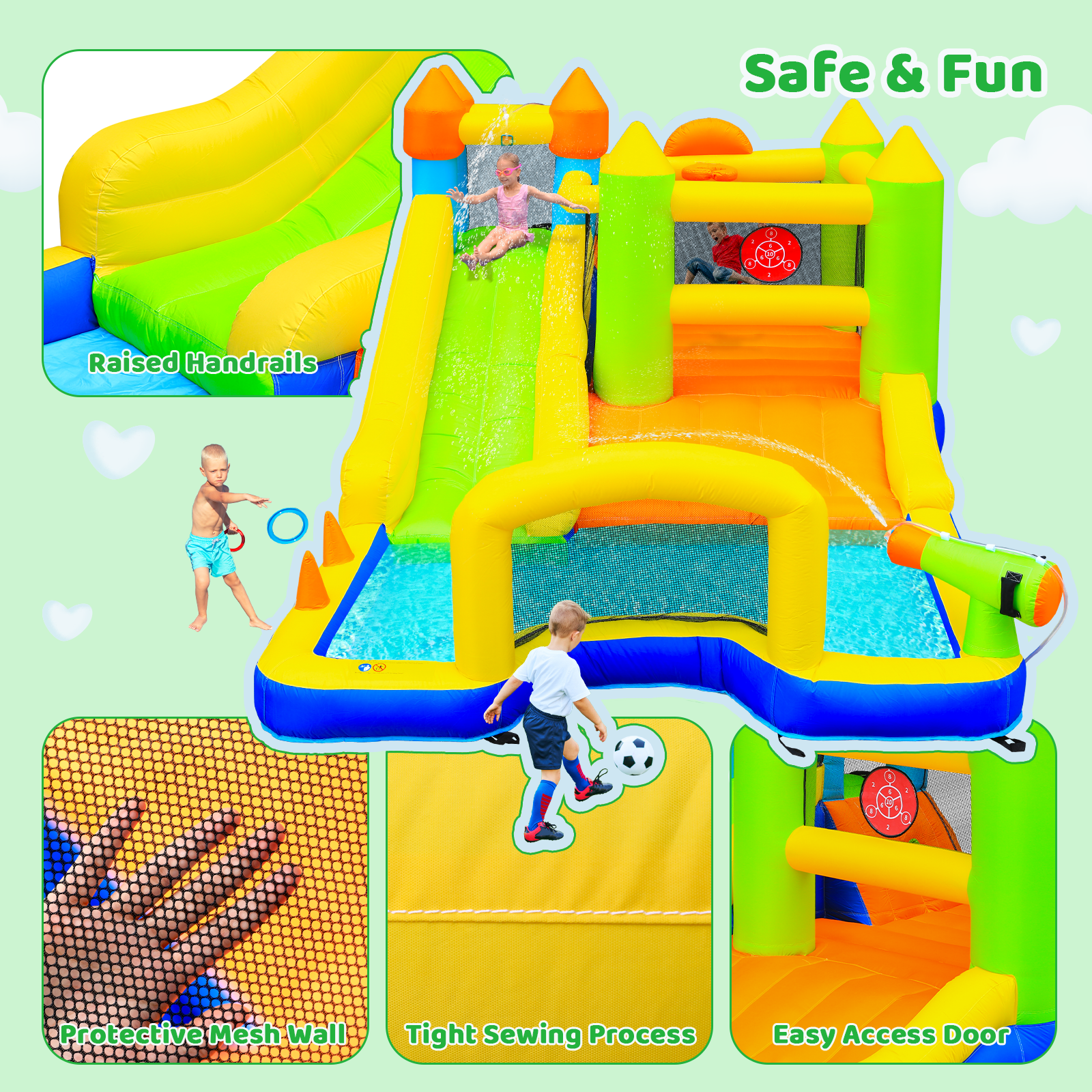 TLSUNNY Bounce House with Slide, 9 in 1 Inflatable Water Slides for Kids Backyard, w/Climbing Wall, Splash Pool, Soccer Goal, Water Cannon, Bouncy Castle w/Air Blower
