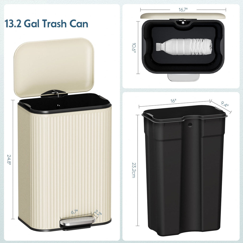 TLSUNNY Trash Can, 8/13 Gallon Garbage Can for Kitchen, with Lid, Pedal, and Removable Inner Bucket, Soft Close, Stainless Steel