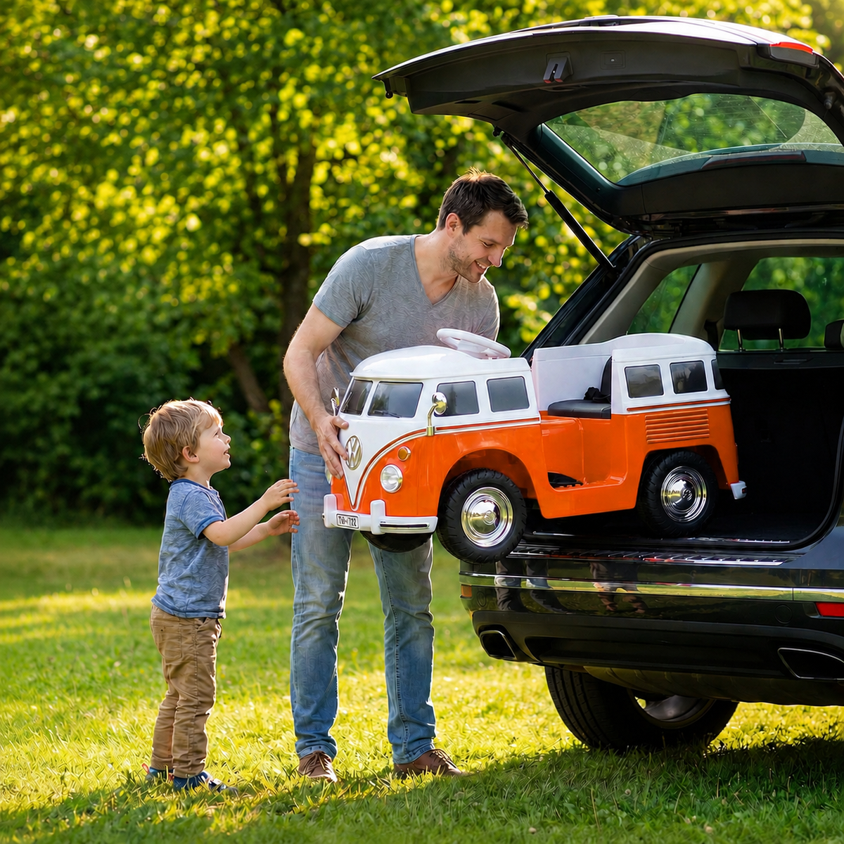 TLSUNNY 6V Kids Ride On Car, Licensed VW Bus, Electric Vehicle with Lights, Battery Powered Driving Toy, Ideal Gift for Kids, Orange
