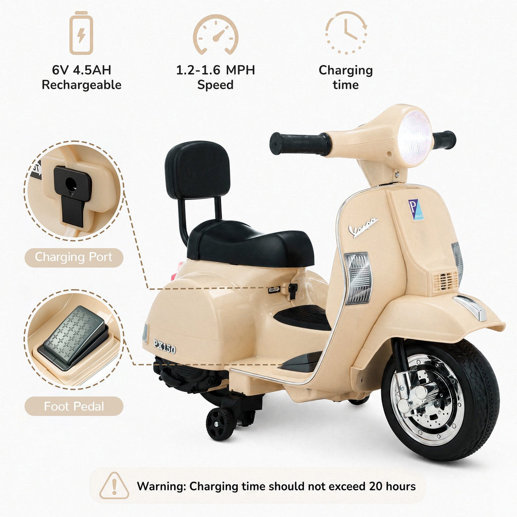 TLSUNNY Kids Licensed Vespa PX150 Electric Motorcycle, 6V Ride On Scooter W/ Training Wheels, Stable 4-Wheel Structure, Ideal Moped for Ages 3+